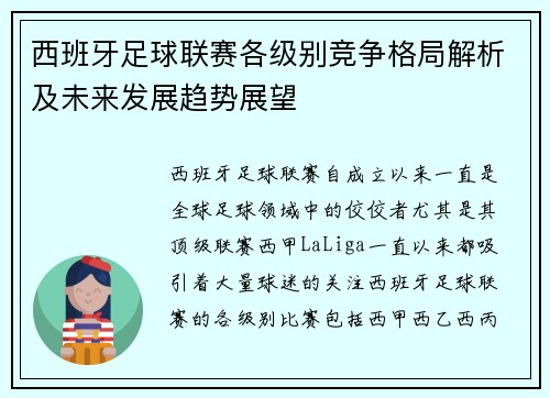 西班牙足球联赛各级别竞争格局解析及未来发展趋势展望