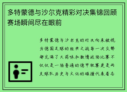 多特蒙德与沙尔克精彩对决集锦回顾赛场瞬间尽在眼前